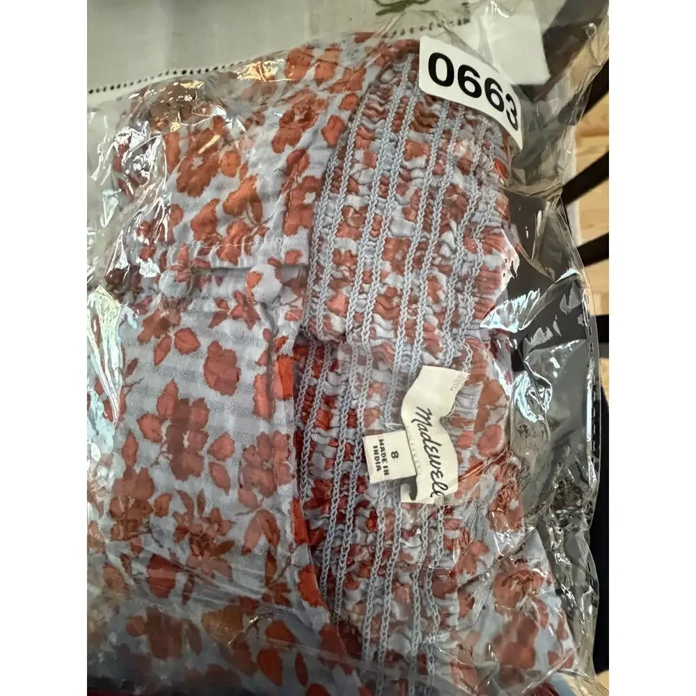 Madewell Floral Smocked Puff Sleeve Top‎ Blue Red Cotton Size 8 Boho